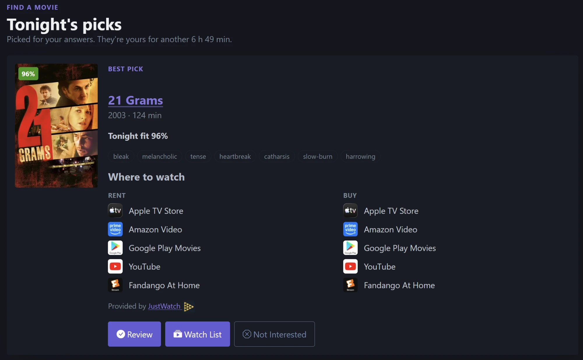 Tonight's picks: the best pick with its fit score and where to stream it